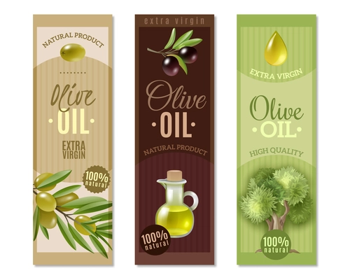 Olive cartoon vertical banners set with oil symbols isolated vector illustration