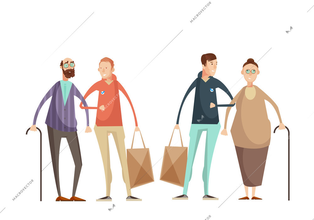 Volunteering design concept with young men helping elderly people outdoor flat cartoon vector illustration