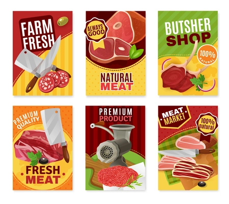 Butcher cartoon banners set with fresh meat symbols isolated vector illustration