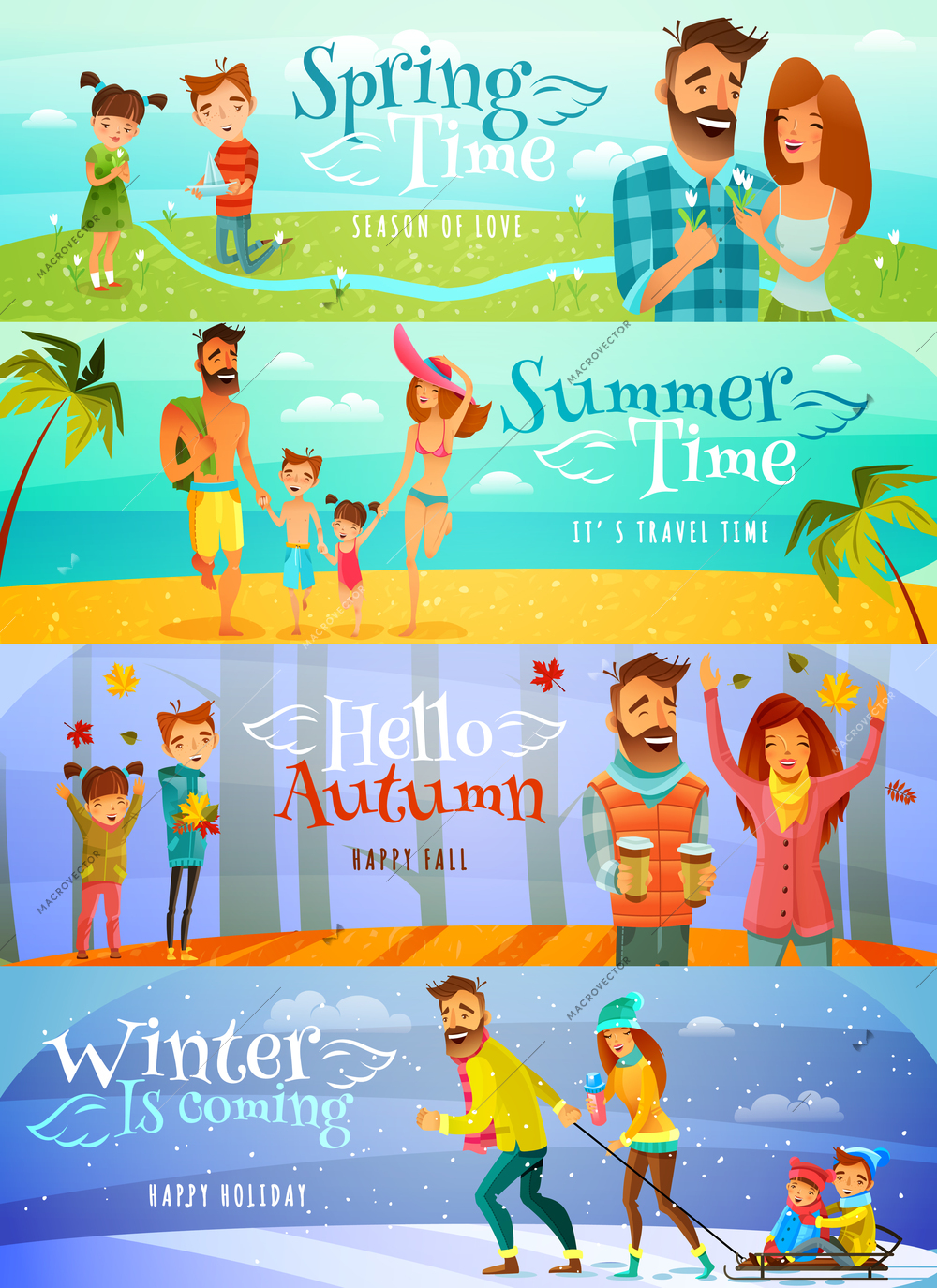 Horizontal cartoon banners with happy family spending time together in different seasons isolated vector illustration