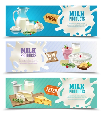 Dairy products horizontal banners set with milk and ice cream cartoon isolated vector illustration