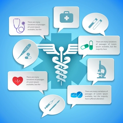 Medical pharmacy ambulance paper infographic with icons and speech bubbles vector illustration.