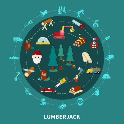 Lumberjack flat colored round composition with tools for work equipment and attributes vector illustration