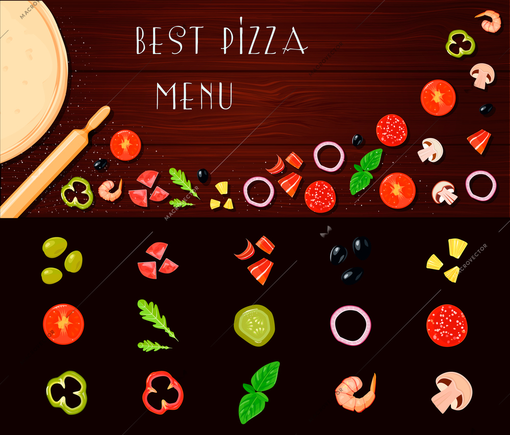 Retro cartoon style pizza ingredients set with table top and small isolated constructor slices of vegetables vector illustration