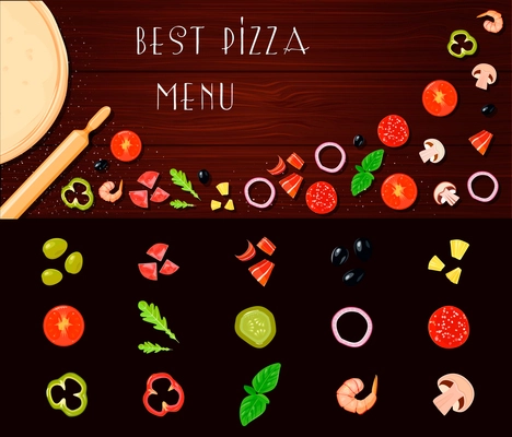 Retro cartoon style pizza ingredients set with table top and small isolated constructor slices of vegetables vector illustration