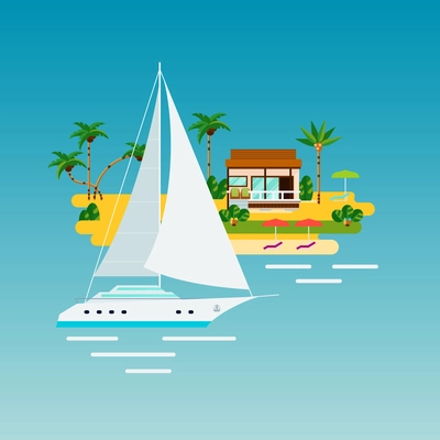 Tropical island vacation composition with flat images of ocean yacht and sand island with palms and house vector illustration