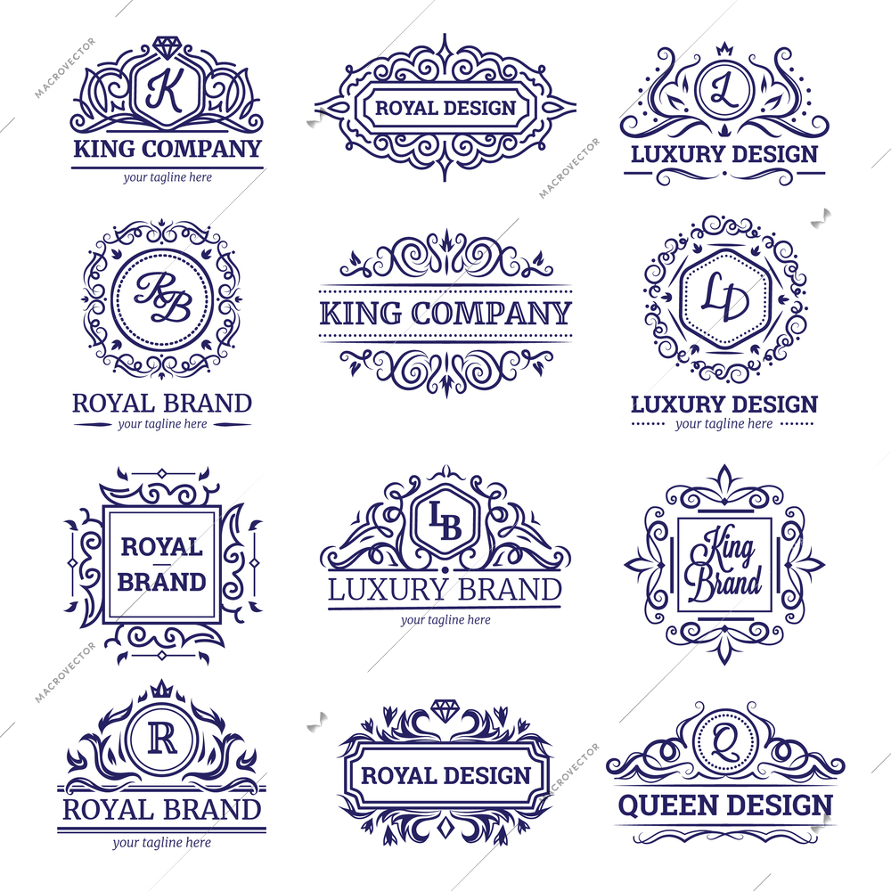 Set of monochrome labels with luxury design including monograms and vignettes crowns and diamonds isolated vector illustration