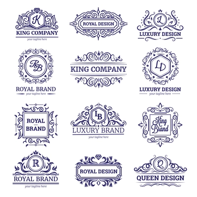 Set of monochrome labels with luxury design including monograms and vignettes crowns and diamonds isolated vector illustration