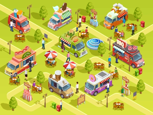 Street food trucks selling bbq hotdogs donuts tacos outdoor in park area isometric composition poster vector illustration