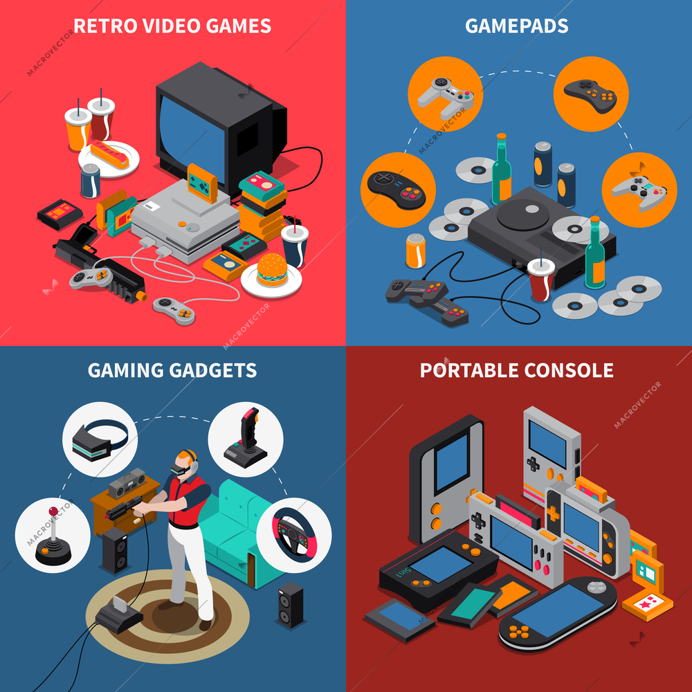 Entertainment isometric concept with electronic devices virtual reality equipment and player vector illustration