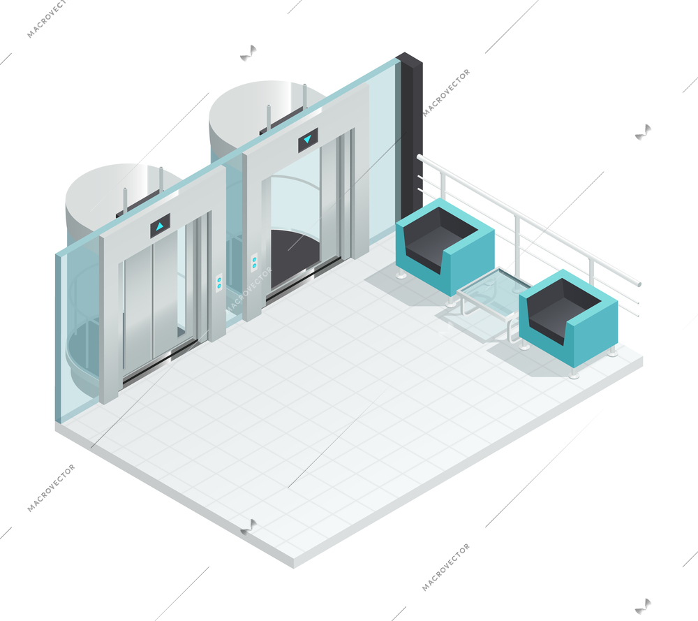 Elevator lift isometric interior with contemporary style lift hall two chairs glass partition and metal cabins vector illustration