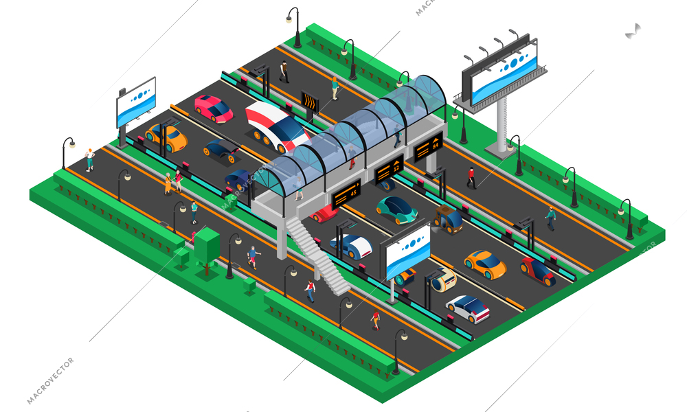 Futuristic transport isometric template with conceptual cars of future highway pedestrian bridge and billboards vector illustration