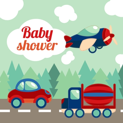 Toy transport on the road with forest on background baby shower invitation card vector illustration.