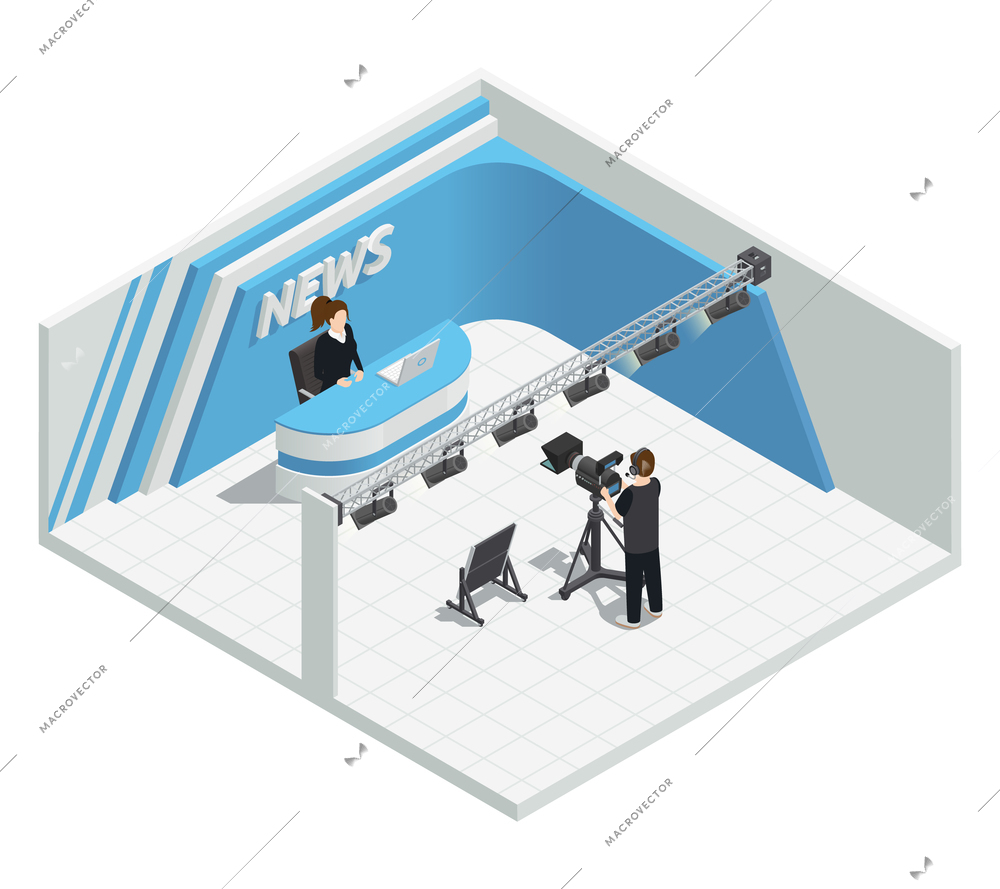 Isometric interior composition with video tv live news broadcast studio lighting kit camera host cameraman characters vector illustration