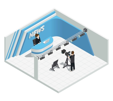 Isometric interior composition with video tv live news broadcast studio lighting kit camera host cameraman characters vector illustration