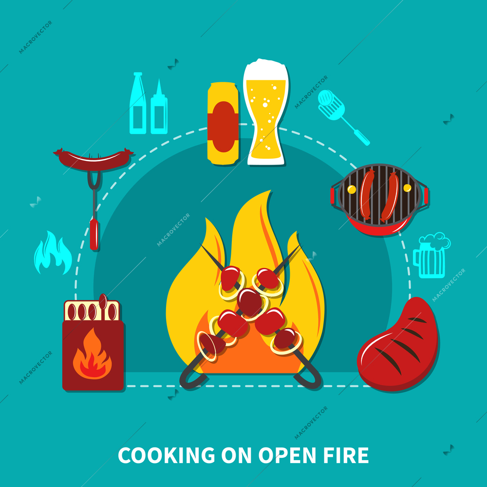 Illustration with cooking on open fire with necessary objects and foods vector illustration