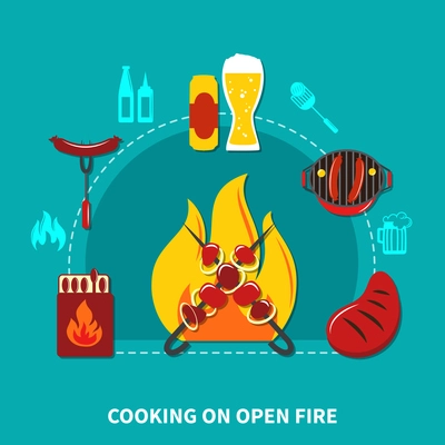 Illustration with cooking on open fire with necessary objects and foods vector illustration