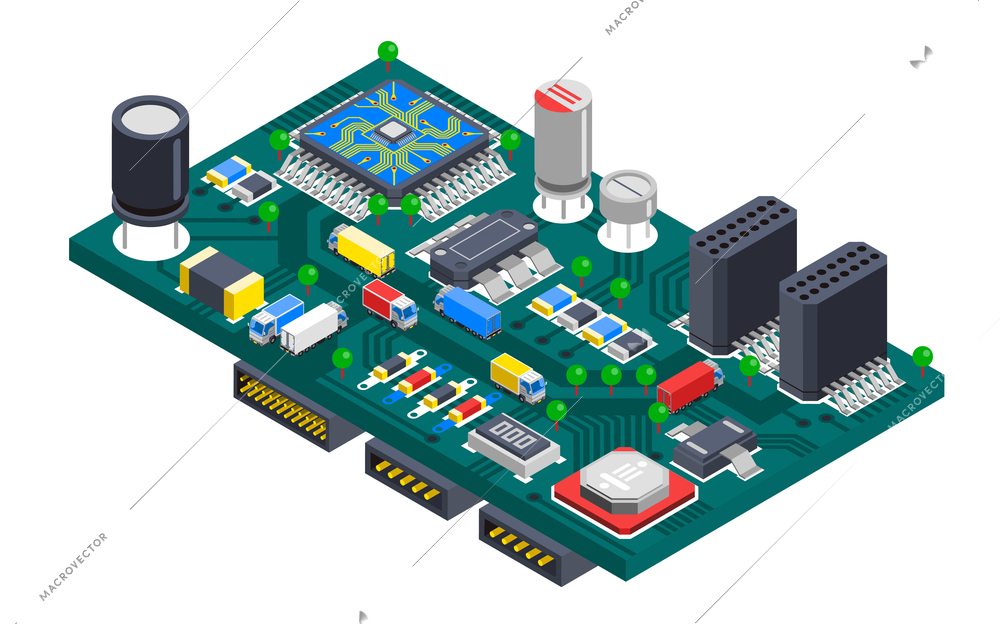 Semiconductor electronic circuit board isometric composition with silicon chips and cargo trucks driving on wire tracks vector illustration