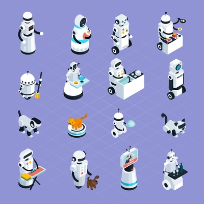 Home robots collection helping and replacing people in different activities in isometric style isolated vector illustration