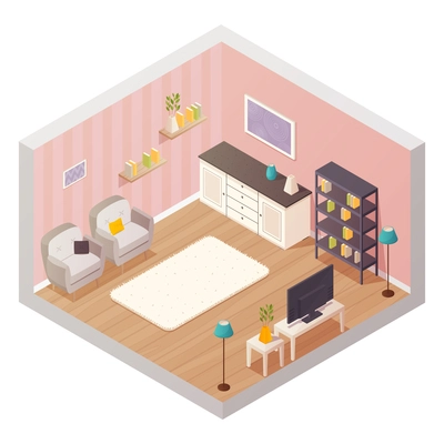 Isometric living room interior design composition with cartoon icons of furniture items shelves and plants materials vector illustration