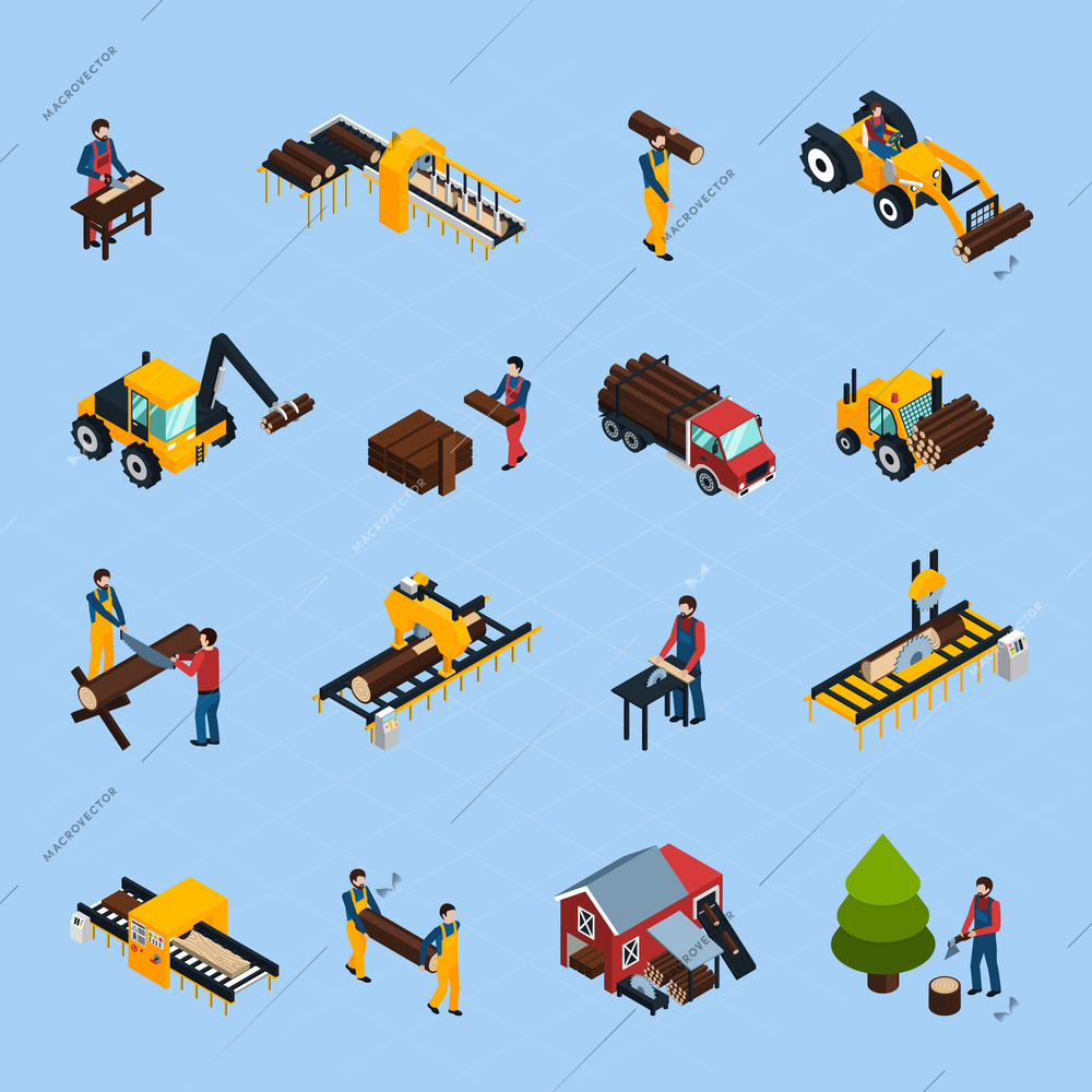 Sawmill isometric icons set of woodworking machinery working loggers and vehicles for timber transportation isolated vector illustration