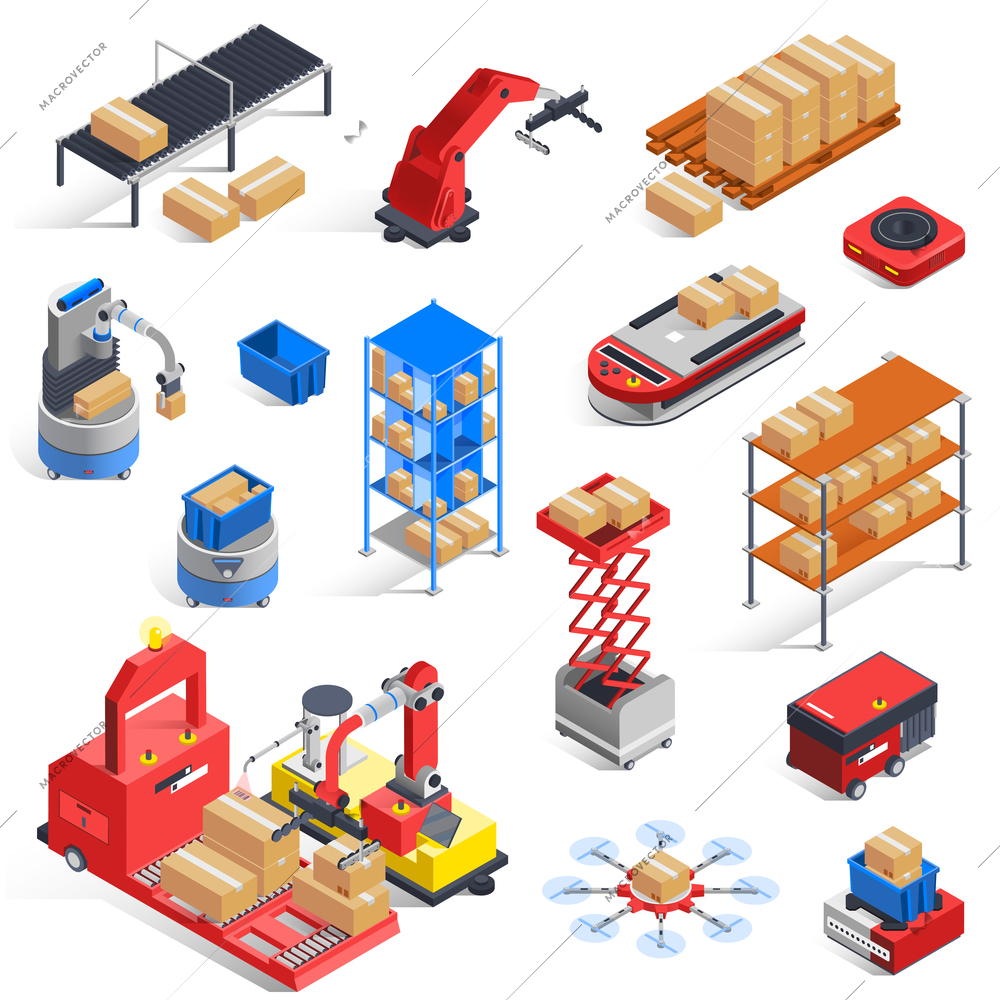 Automatic logistics warehouse robots isolated isometric icons set with material handling conveyor lifters drones shelves manipulators vector illustration