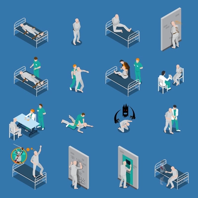 Isometric set with mental patients on couches and with medical staff on blue background isolated vector illustration