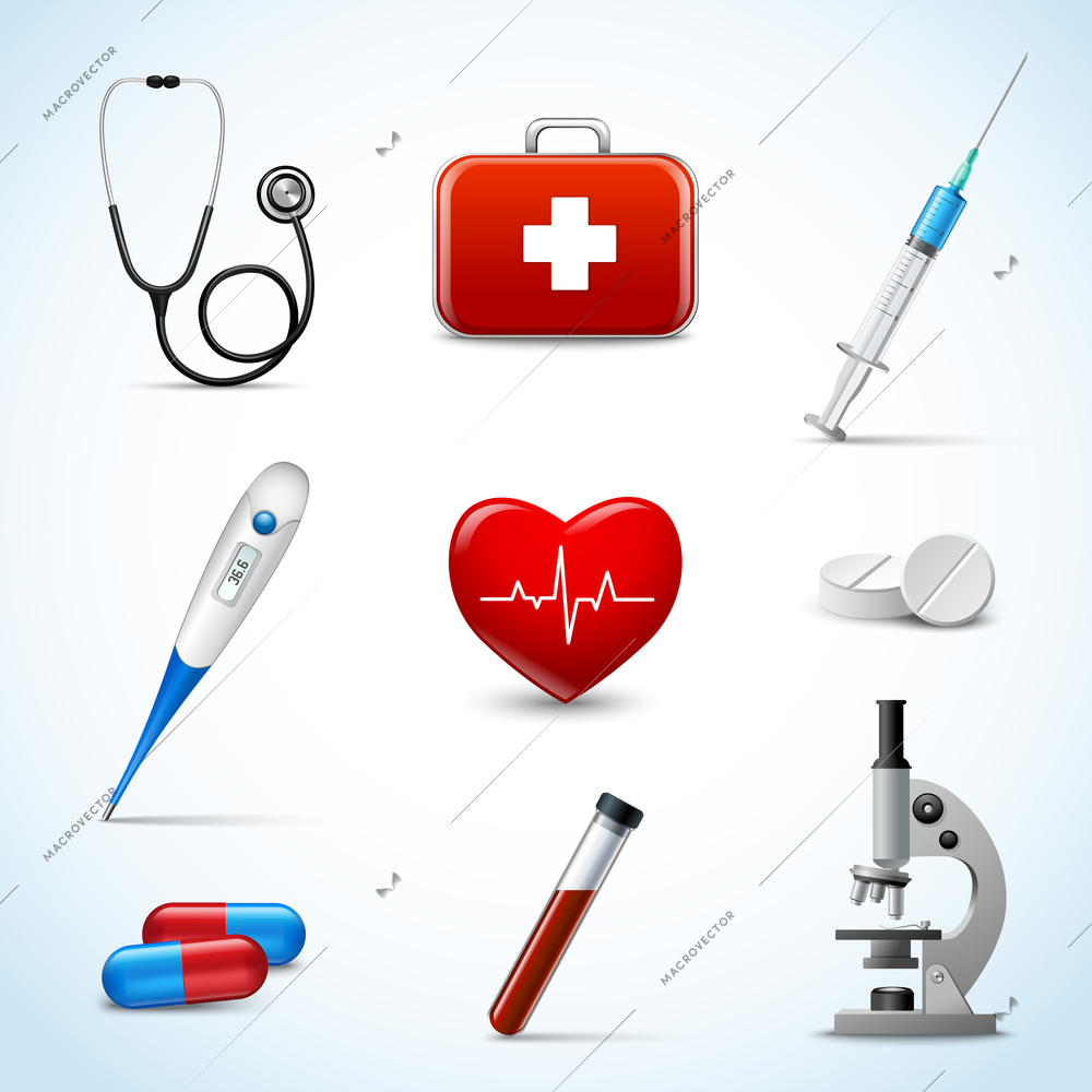 Realistic 3d medical emergency first aid care icons set with heart pill thermometer isolated vector illustration