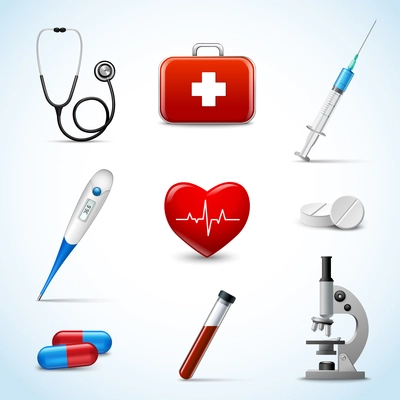 Realistic 3d medical emergency first aid care icons set with heart pill thermometer isolated vector illustration