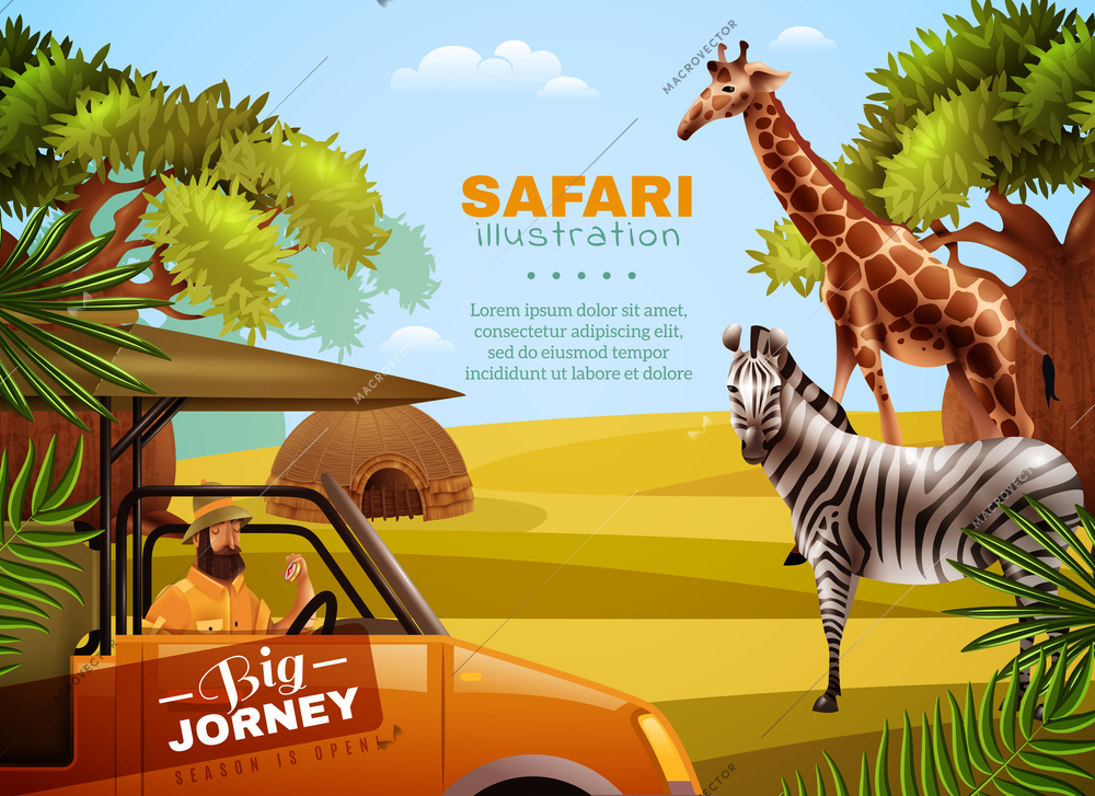 Safari colored poster with big journey headline and tourist with animals in his way vector illustration