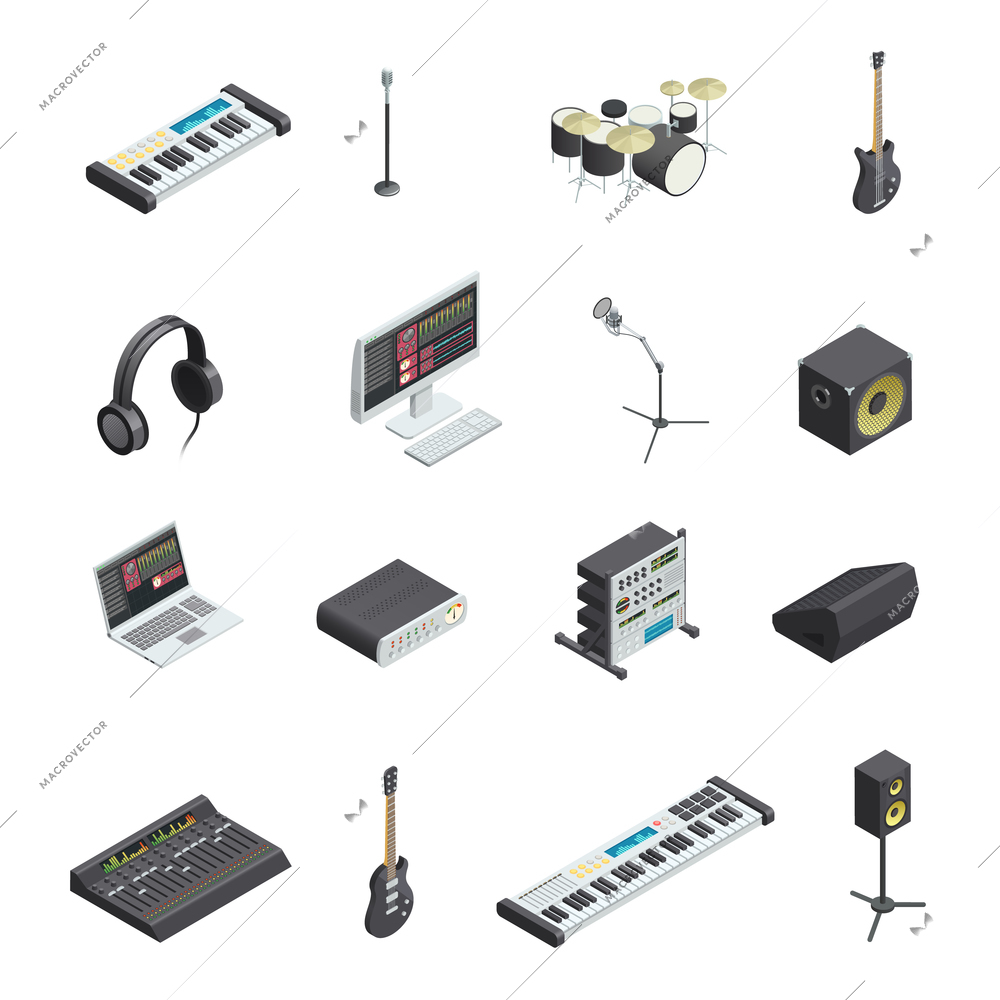 Set of isolated music recording studio gear icons with various musical instruments modules and mixing console vector illustration