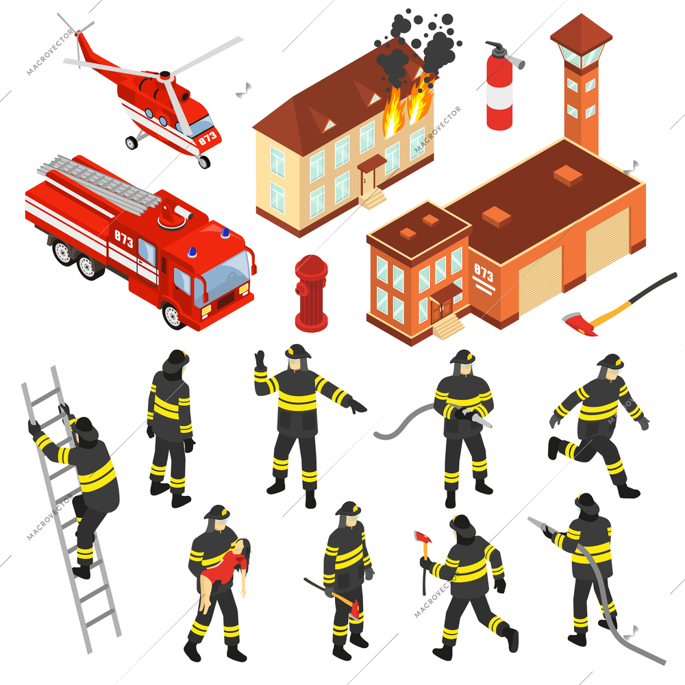 Colored isometric fire department icon set with attributes to extinguish a fire and firefighters vector illustration