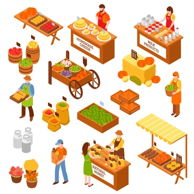 Marketplace isometric set of food counters with farmers selling milk products natural honey homemade cheese fruits and vegetables isolated vector illustration