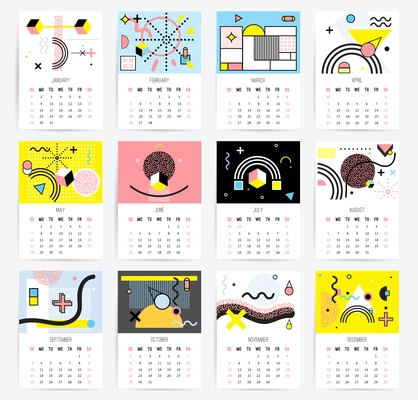 Set of colorful 2017 year calendars in memphis style with wavy lines and geometric figures isolated vector illustration