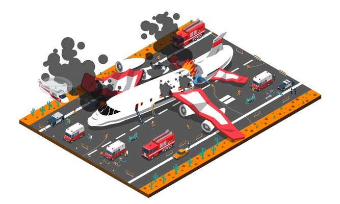 Isometric composition with airplane crash on roadway and rescue service including police ambulance fire brigade vector illustration