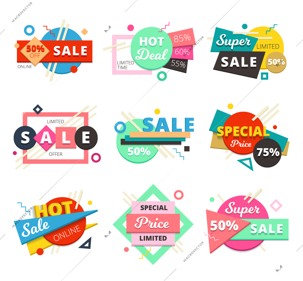 Colored and isolated sale material design geometric icon set with super sale and special price descriptions vector illustration