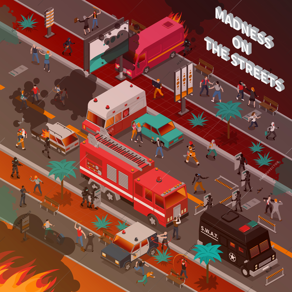 Street war with burning cars and fighting people fire service and police isometric vector illustration