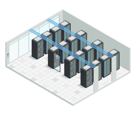 Datacenter server cloud computing isometric interior composition with four rows of hardware server case cabinet images vector illustration