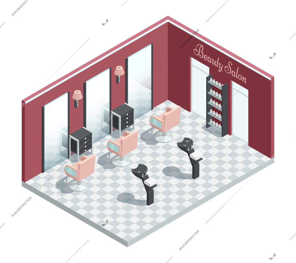 Composition of cosmetology beauty salon isometric room interior with windows looking glass chairs and drawers units vector illustration