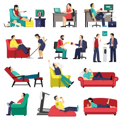 Set of lazy and tired people in office workplace and at home on sofa isolated vector illustration