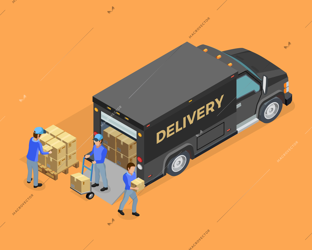 Unloading isometric concept with truck boxes and loaders on orange background isolated vector illustration