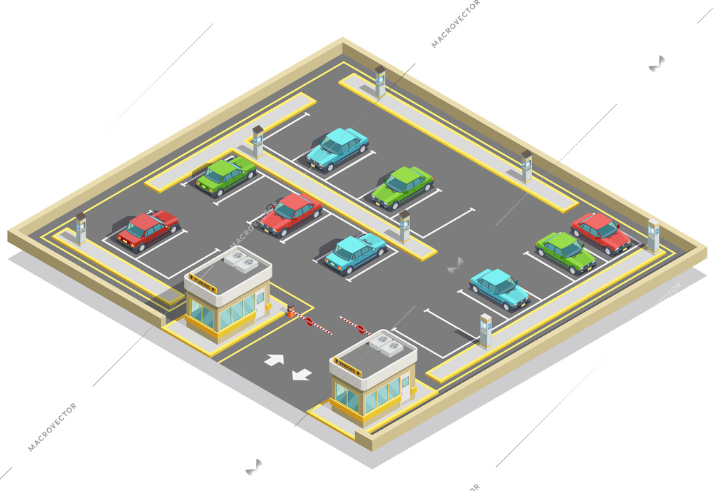 Parking zone isometric location with colorful cars many lots and access control vector illustration