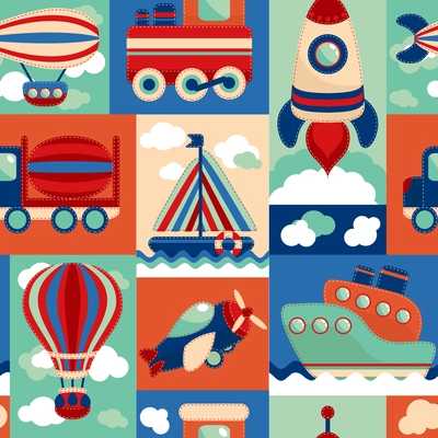 Toy transport cartoon seamless pattern with airplane aerostat sail yacht vector illustration