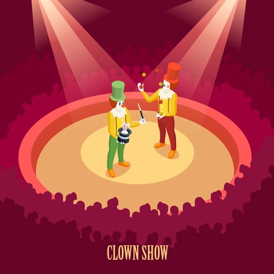 Funny clowns performing on circus arena with spotlights during classic vintage entertaining show isometric poster vector illustration