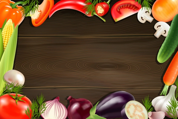 Brown wooden background with frame composed from colorful whole and sliced vegetables in realistic style vector illustration