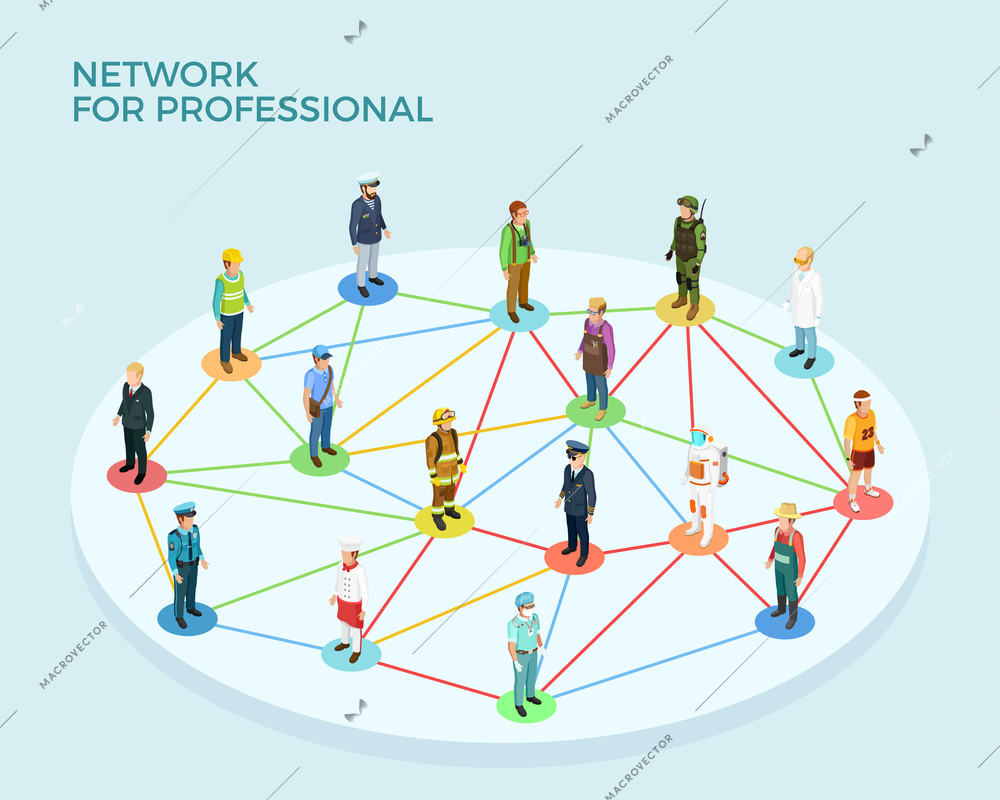 Network professional isometric concept with people of various occupations and jobs isolated vector illustration