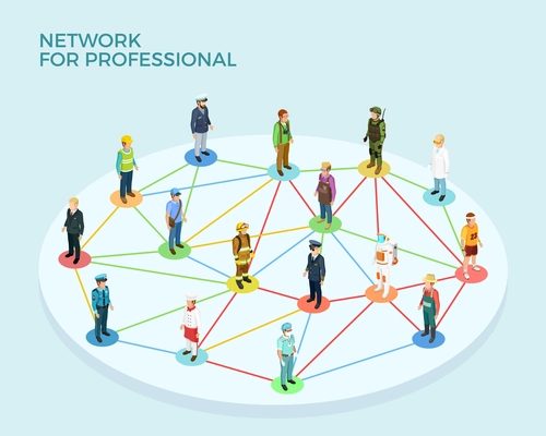 Network professional isometric concept with people of various occupations and jobs isolated vector illustration