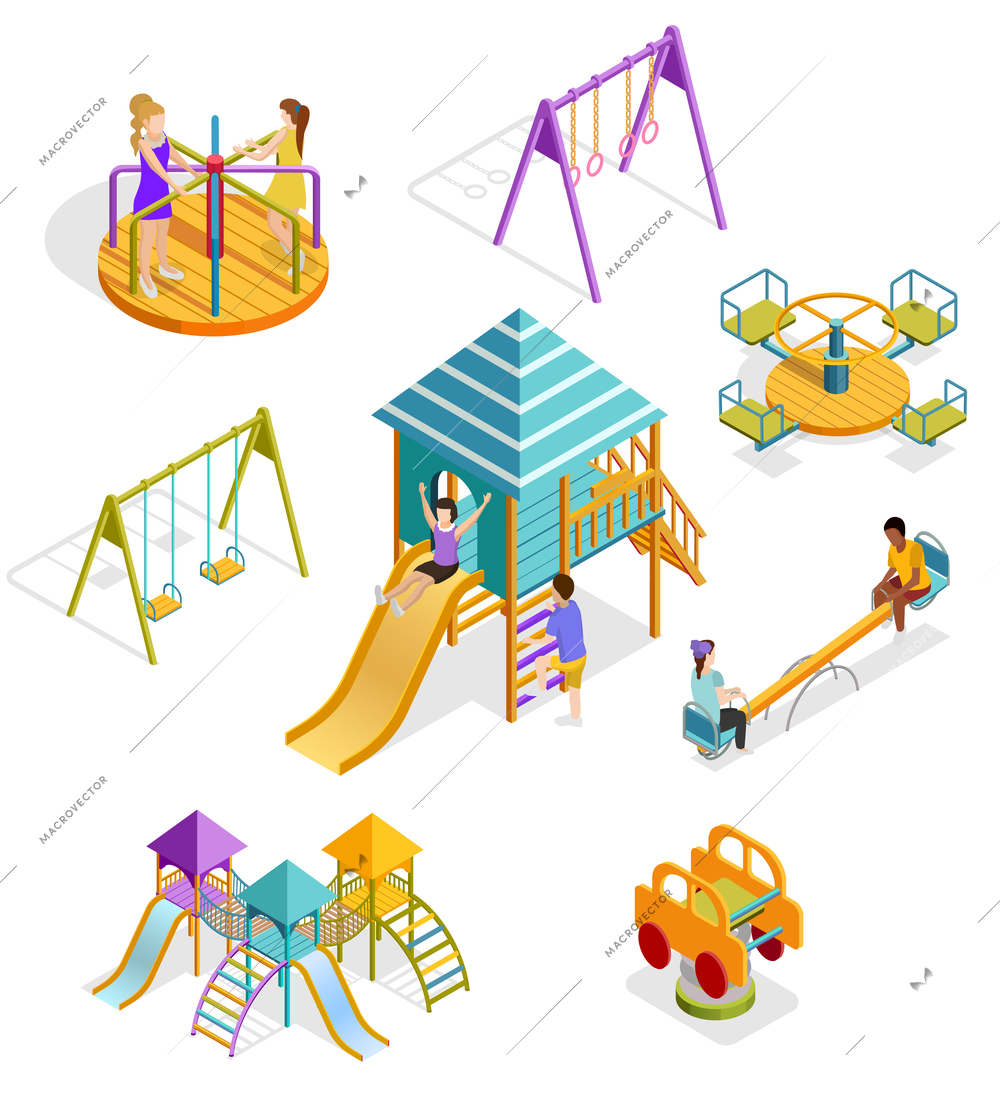 Colored and isolated isometric swinging kids icon set with different types of elements and shells on the playground vector illustration