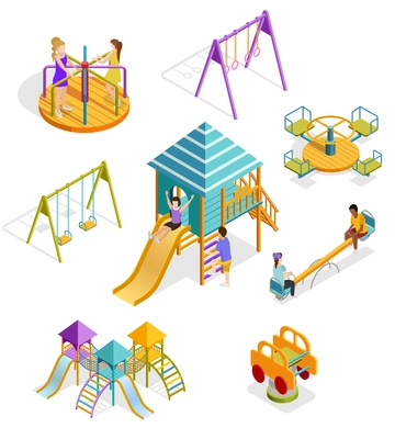 Colored and isolated isometric swinging kids icon set with different types of elements and shells on the playground vector illustration