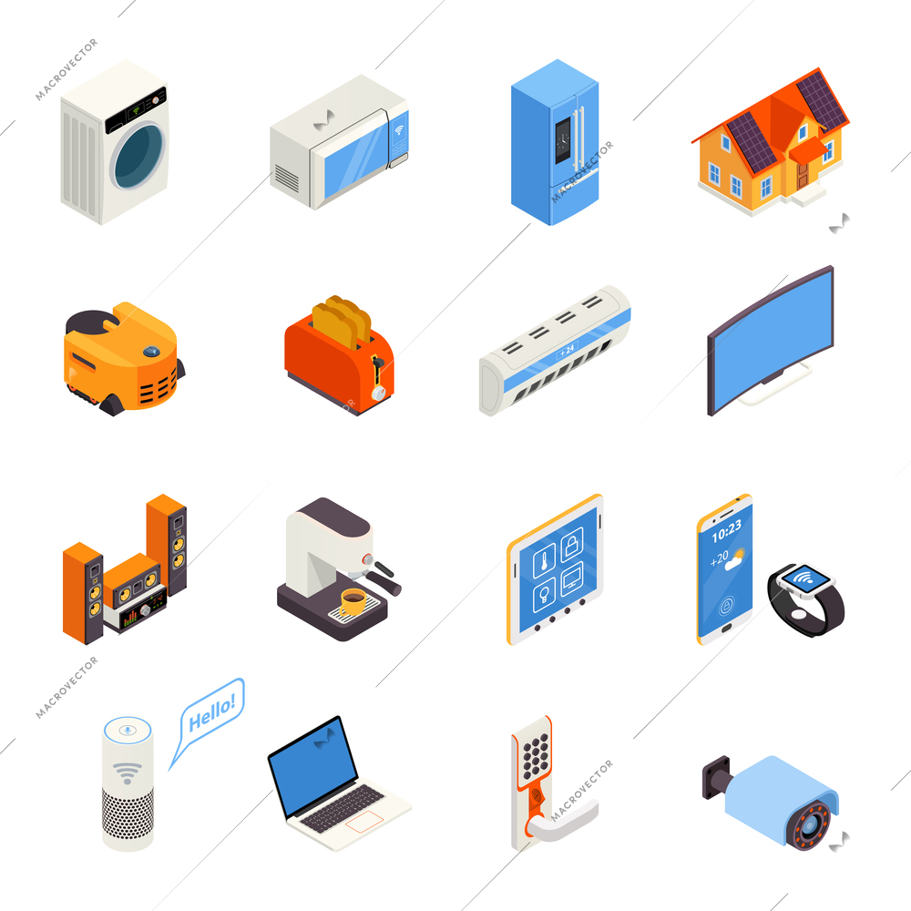 Internet of things smart home elements isometric icons collection with kitchen appliances and cell phone isolated vector illustration